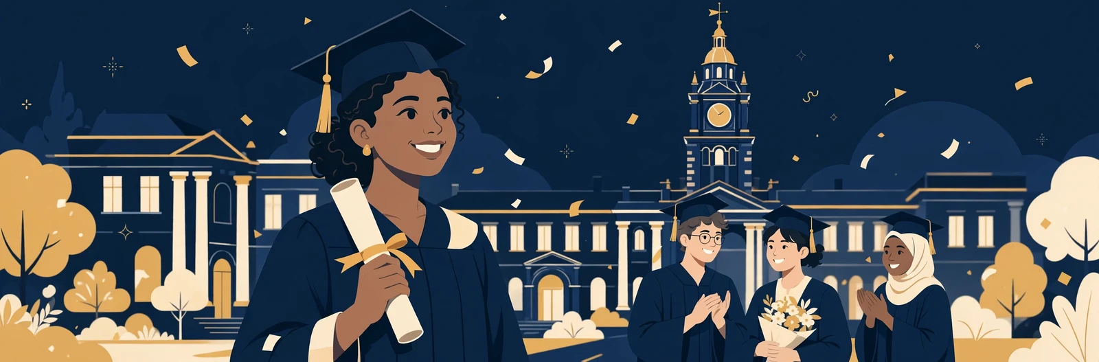 Illustration of a graduate in a gown holding a diploma outside a university building