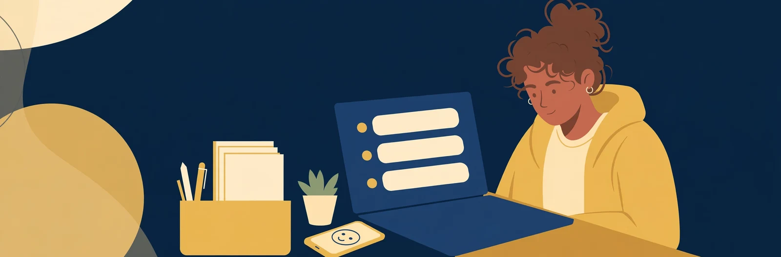 Illustration of a student completing an online form on a laptop with a phone beside it