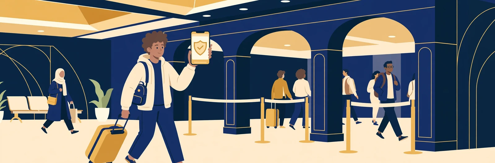 Illustration of a student arriving at an airport gate holding a phone showing a digital pass