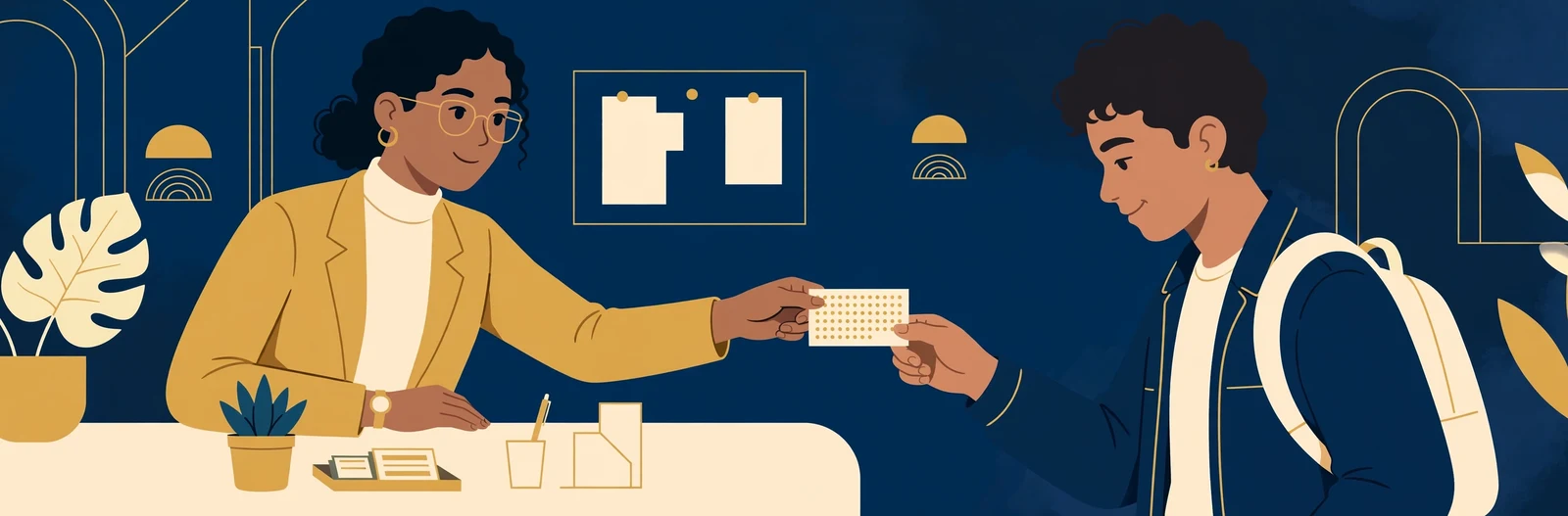 Illustration of a student receiving a reference card with a long number from a university desk