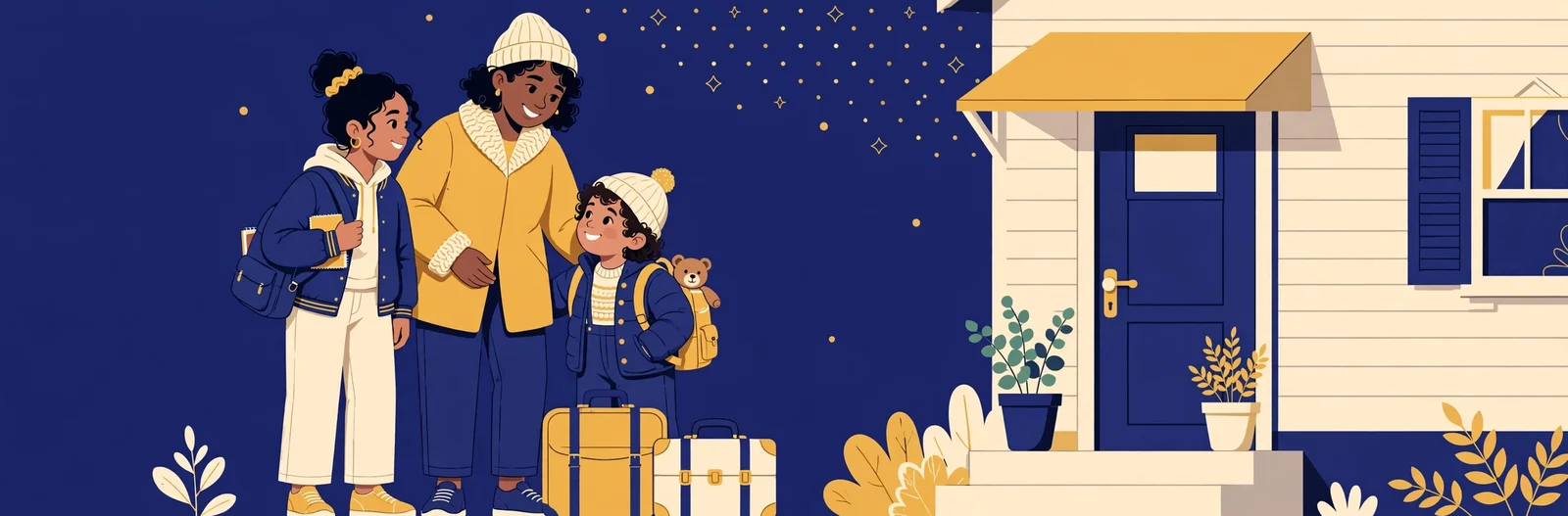 Illustration of a student with a partner and small child holding suitcases outside a home