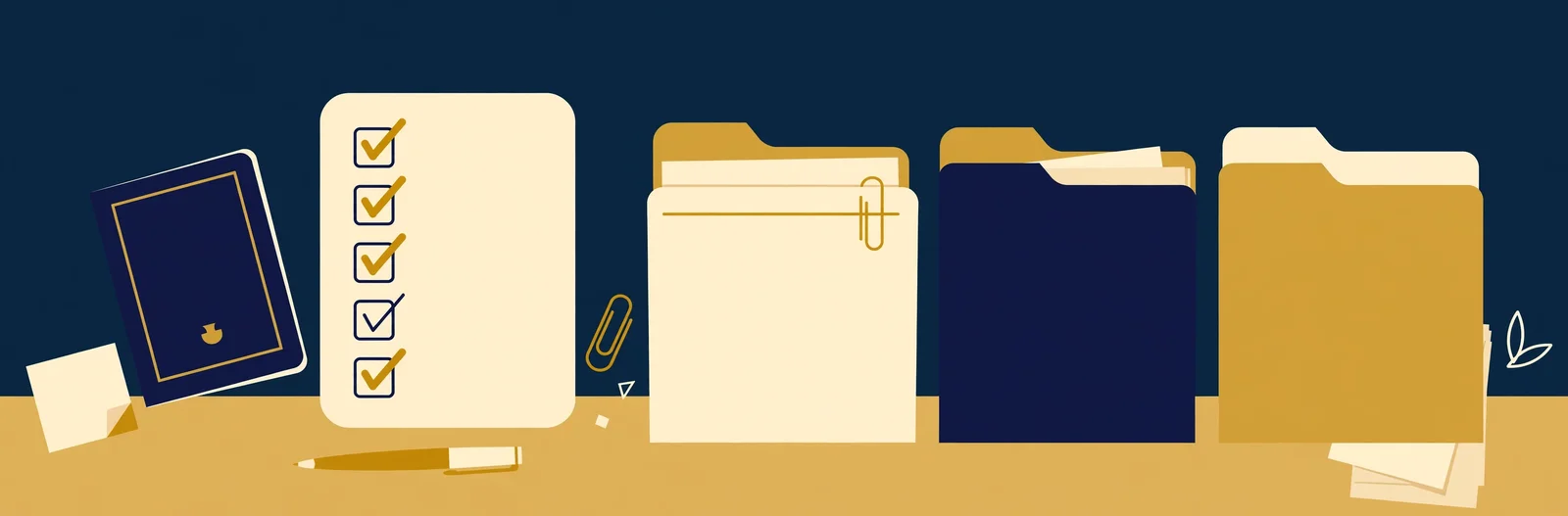 Illustration of a passport, a checklist and document folders arranged on a desk