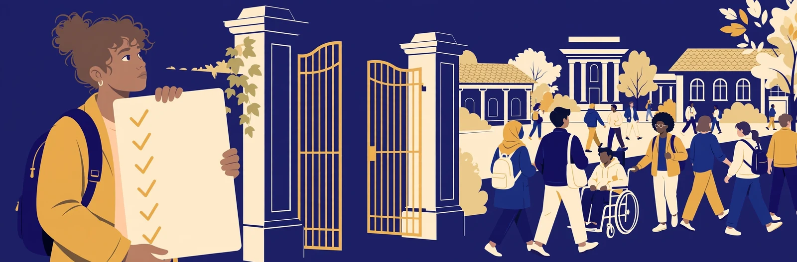 Illustration of an applicant checking an eligibility list beside a university gate