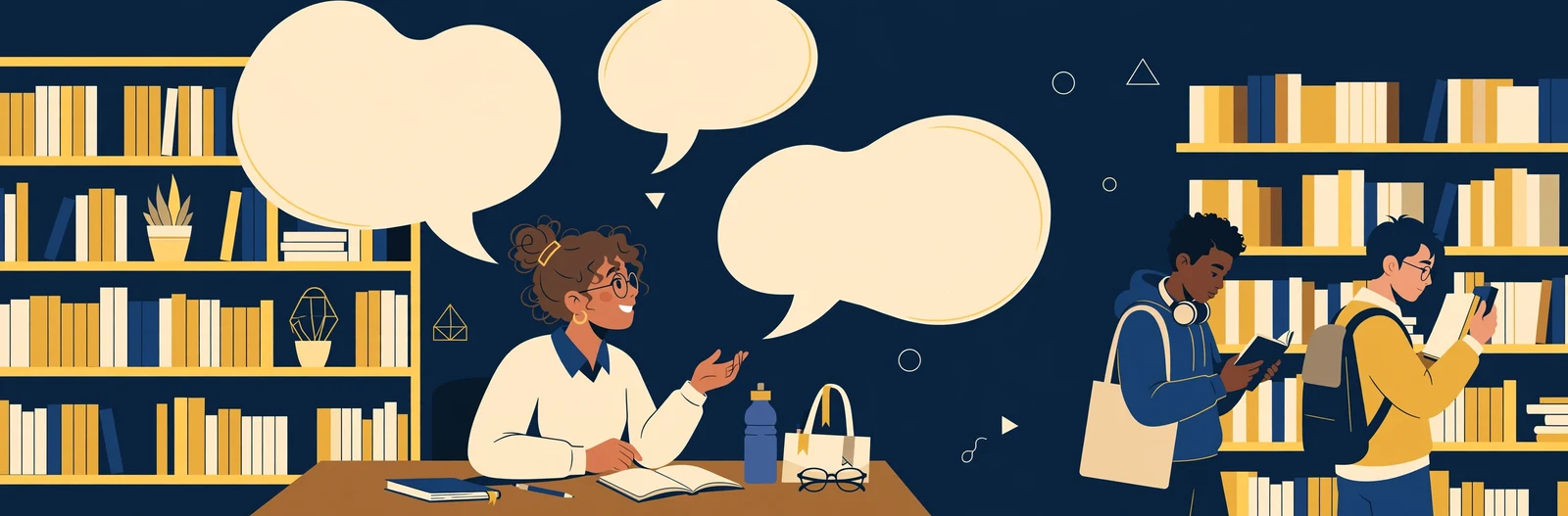Illustration of a student practising English conversation with speech bubbles in a library
