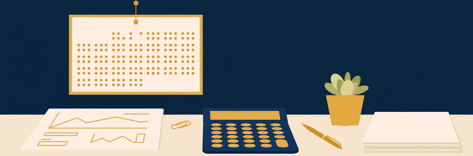 Illustration of a calendar with 28 marked days beside a bank statement and a calculator