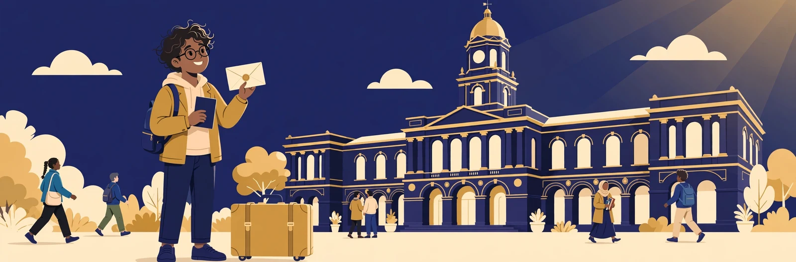 Illustration of a student holding a passport and an offer letter outside a university building with a clock tower