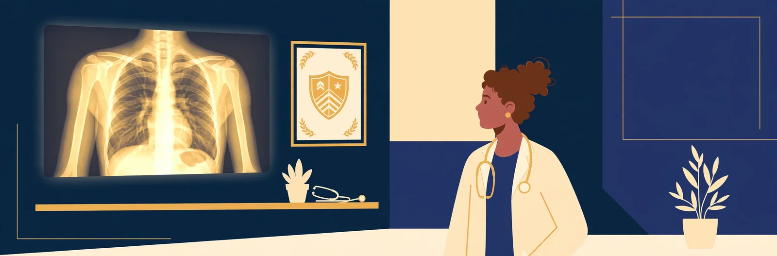 Illustration of a clinic x-ray screen beside a certificate with a shield emblem