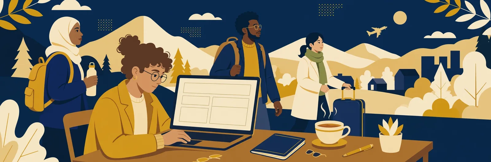 Illustration of a traveller completing an online form on a laptop with a passport beside it