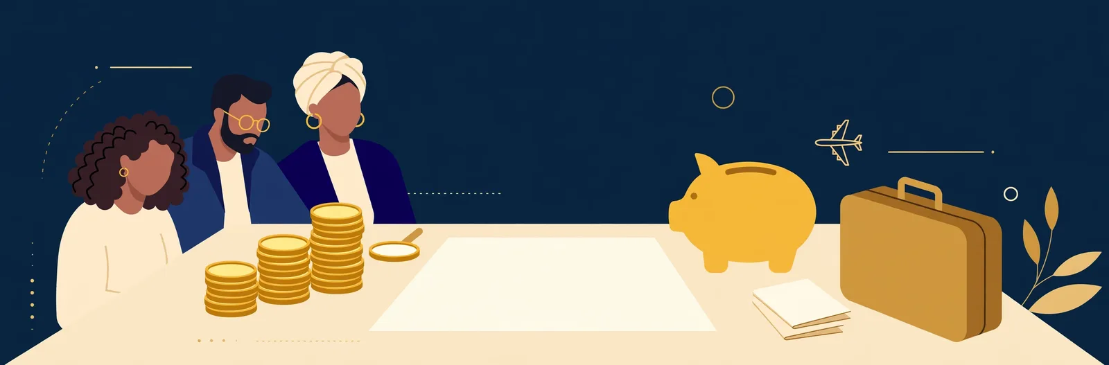 Illustration of a travel budget scene with coins, a plain statement sheet and a small suitcase on a desk