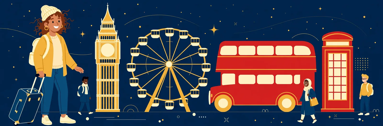 Illustration of a traveller with a suitcase standing before a row of London landmarks and a red telephone box