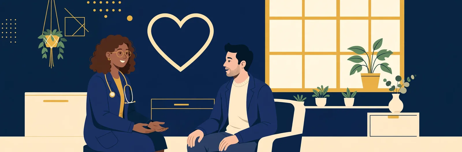 Illustration of a patient speaking with a doctor in a bright clinic room with a heart symbol on the wall