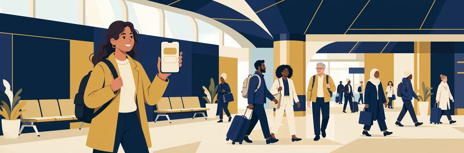 Illustration of a traveller at an airport arrivals hall holding a phone with a digital pass