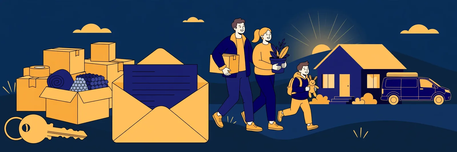 Illustration of a family moving home with boxes and a forwarding envelope, in navy and gold