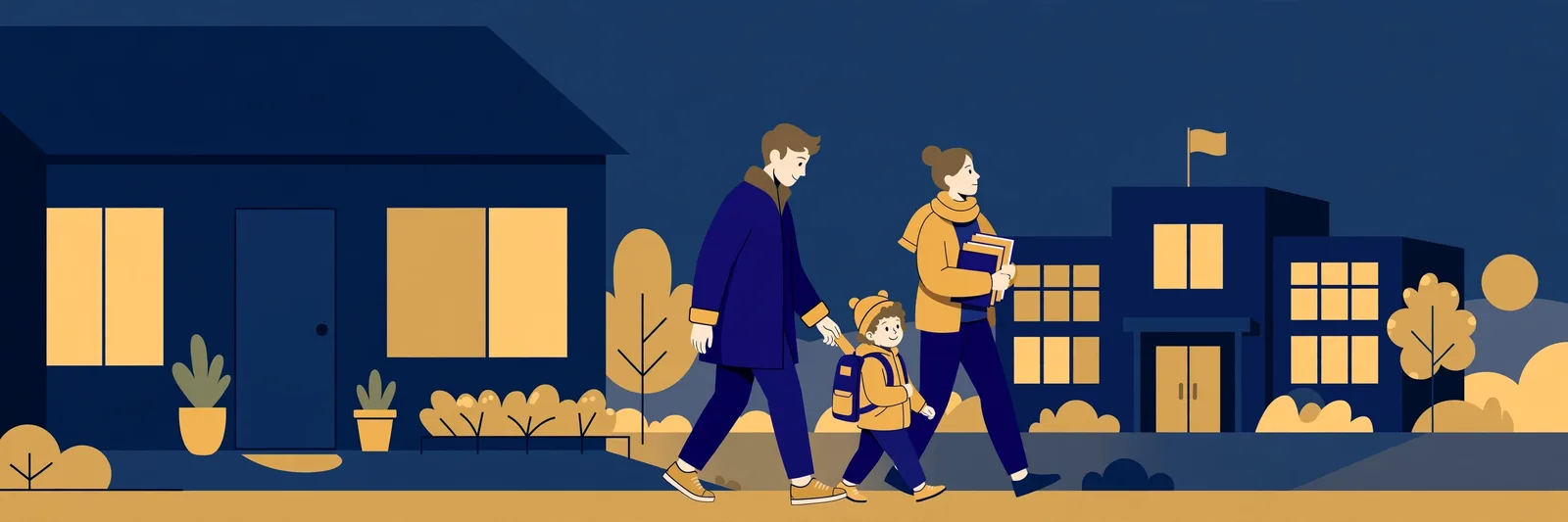 Illustration of a family with a child carrying a school bag outside a home, in navy and gold