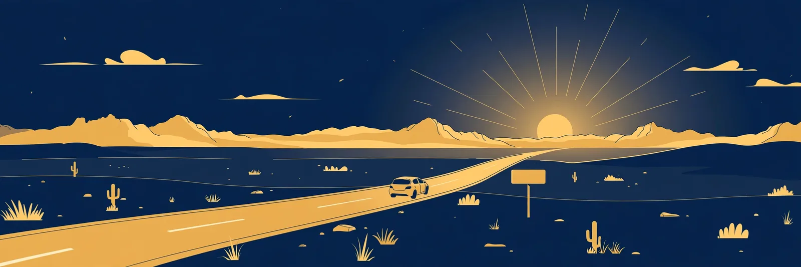 Illustration of a car on an open American road with a road sign and mountains, in navy and gold