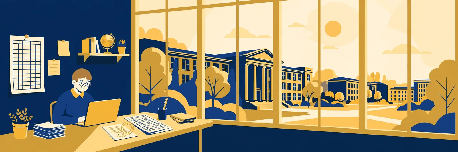 Illustration of a student at a campus job desk with a timetable and an authorisation stamp, in navy and gold