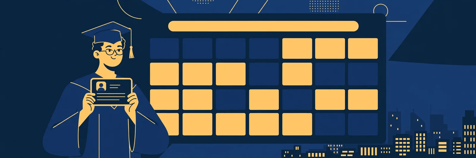Illustration of a graduate with an employment authorisation card and a calendar of filing windows, in navy and gold