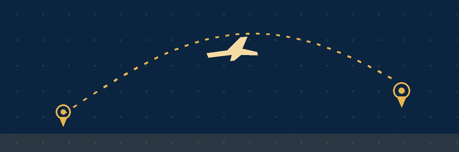 A gold dotted flight route between two map pins with a plane silhouette, on a deep navy background