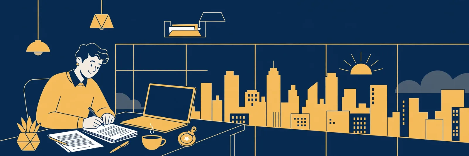 Illustration of a new employee at an office desk completing first-day paperwork beside a laptop, in navy and gold