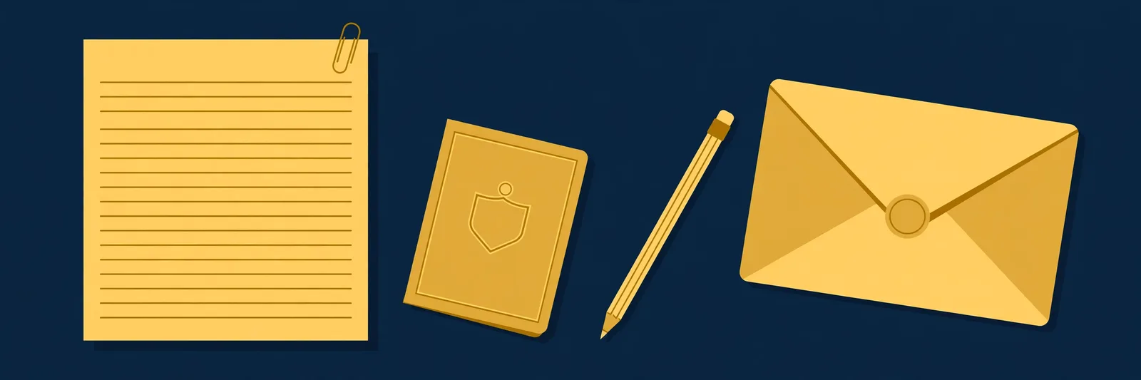Illustration of a tax form, an identity document and an envelope on a desk, in navy and gold