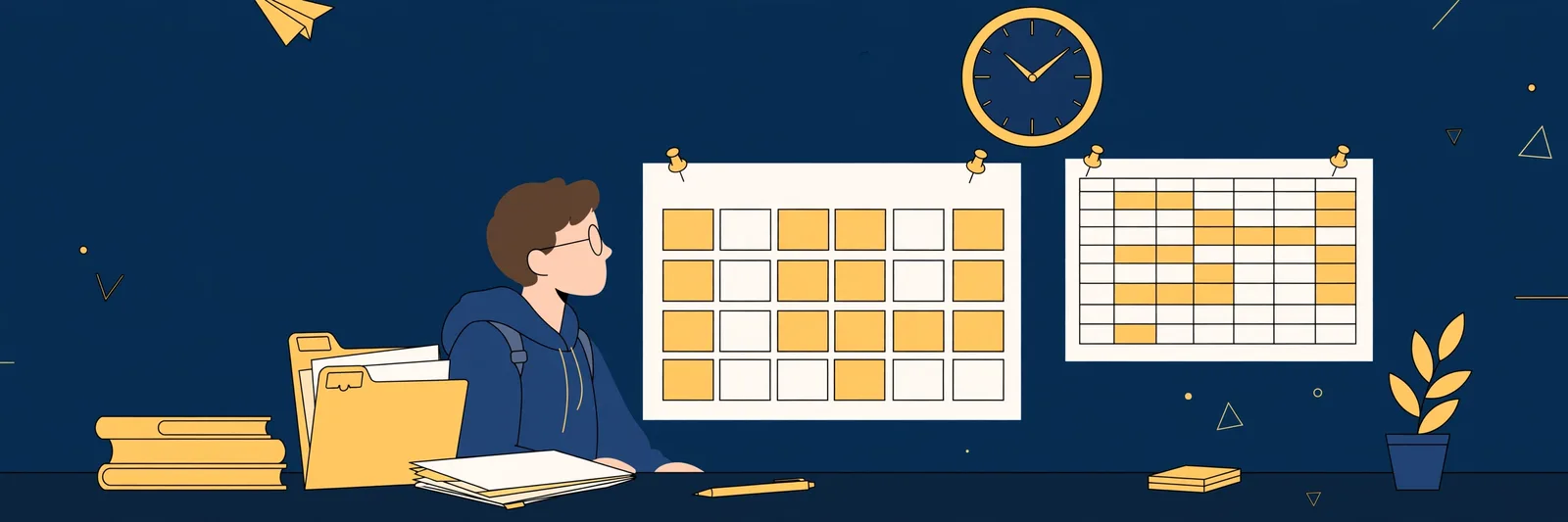 Illustration of a student checking a term calendar beside a record folder and a clock, in navy and gold
