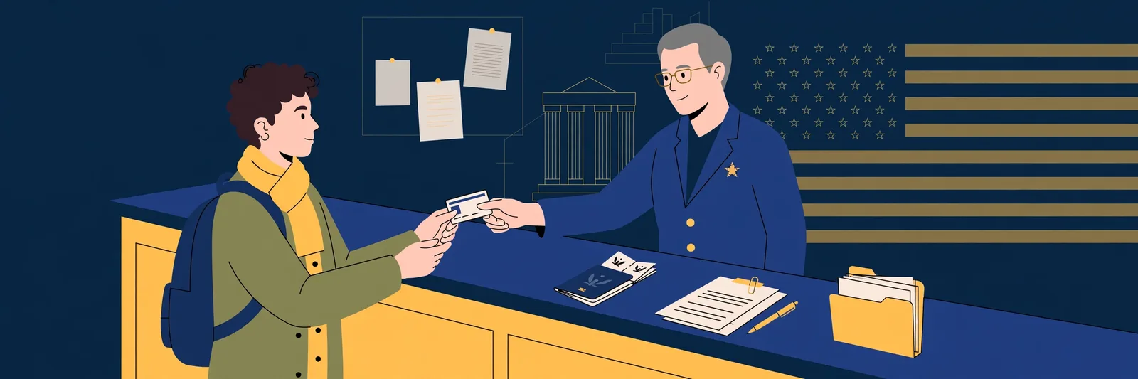 Illustration of a newcomer receiving a Social Security card at a service counter, in navy and gold