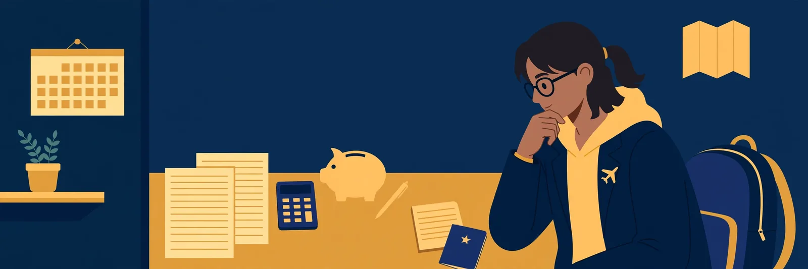 Illustration of a student with tax forms, a calculator and a calendar at a desk, in navy and gold