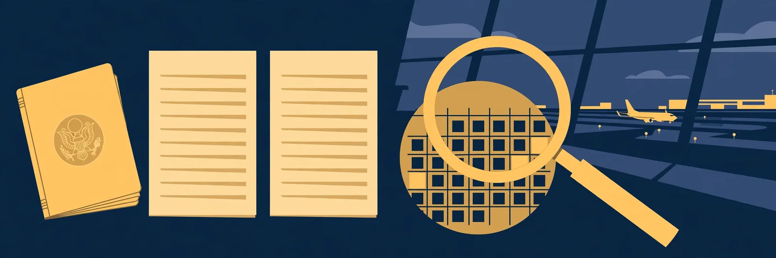 Illustration of a passport beside two paper records with a magnifier over the dates, in navy and gold