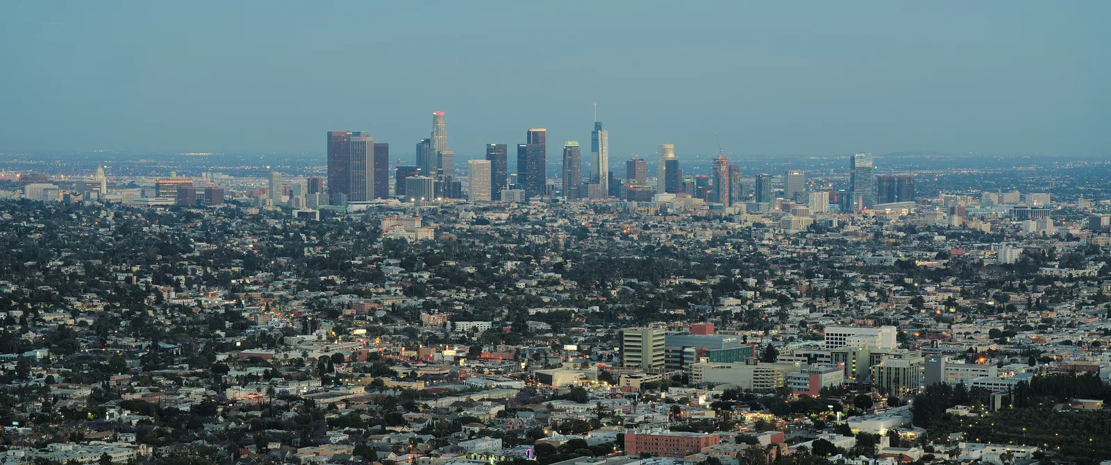 The downtown Los Angeles skyline at dusk, photographed from Griffith Park