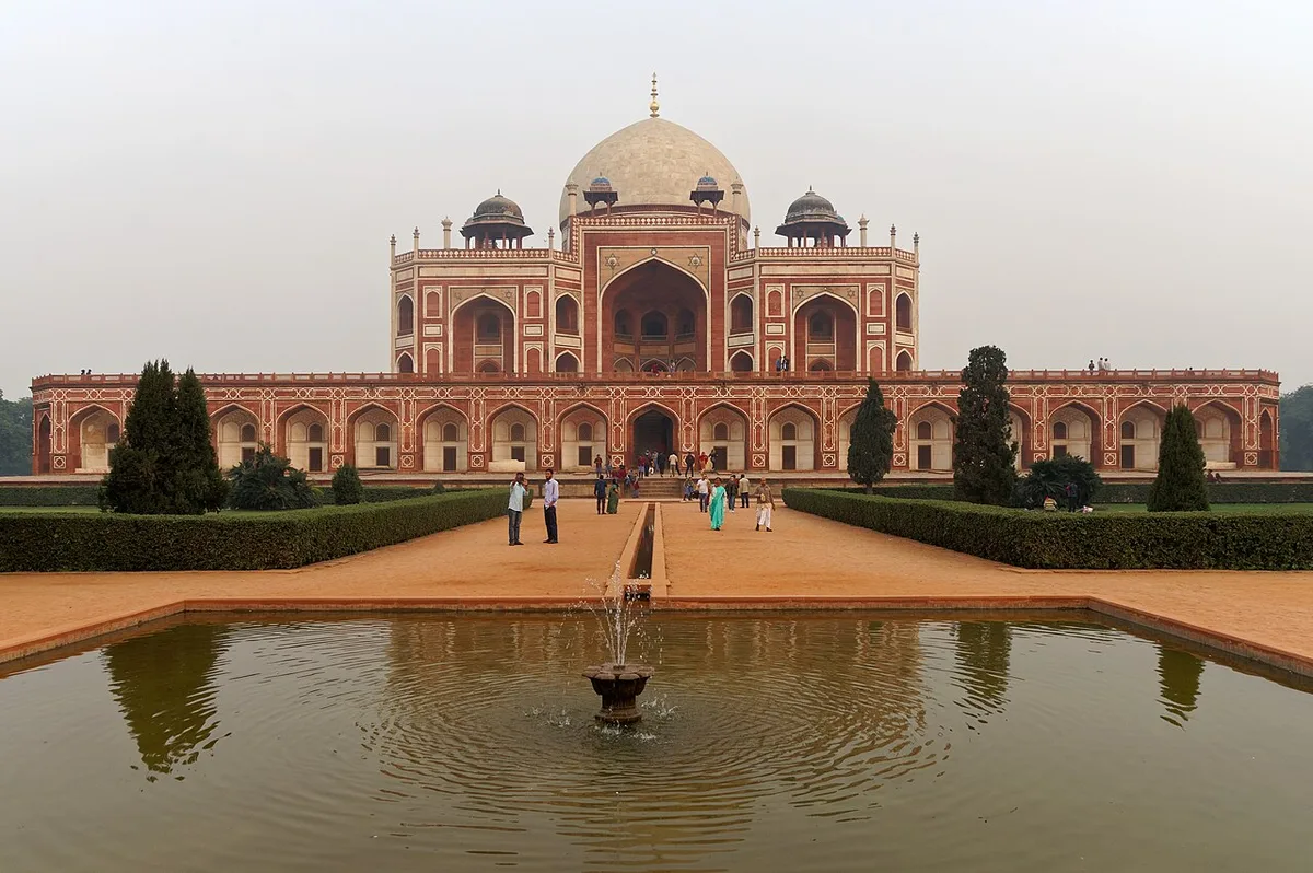 Humayun's Tomb in Delhi seen across the pool and fountain of its charbagh garden