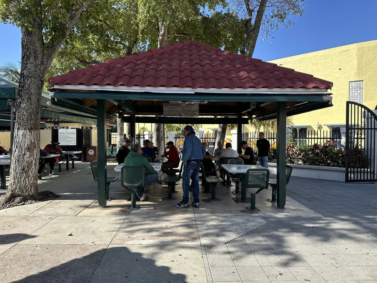 Domino players at the shaded tables of Máximo Gómez Park, known as Domino Park, in Little Havana, Miami