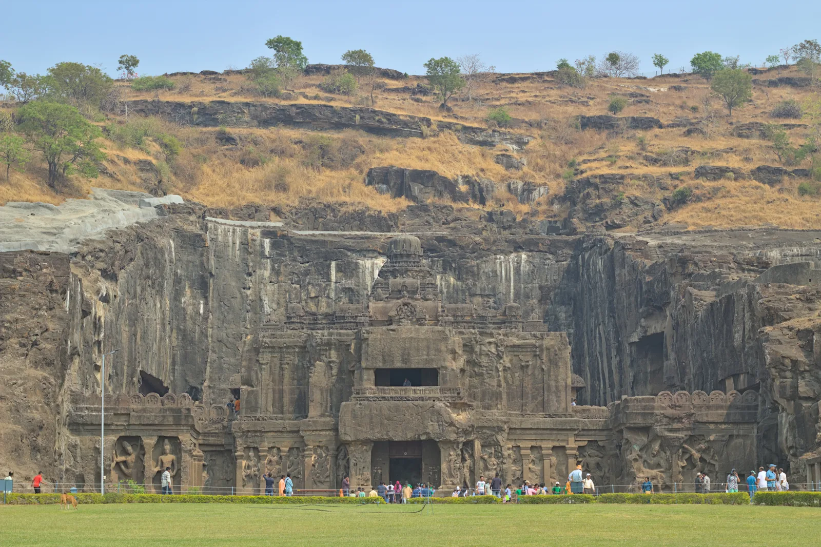 The Kailasa Temple at Ellora, carved from the cliff face, seen from its courtyard
