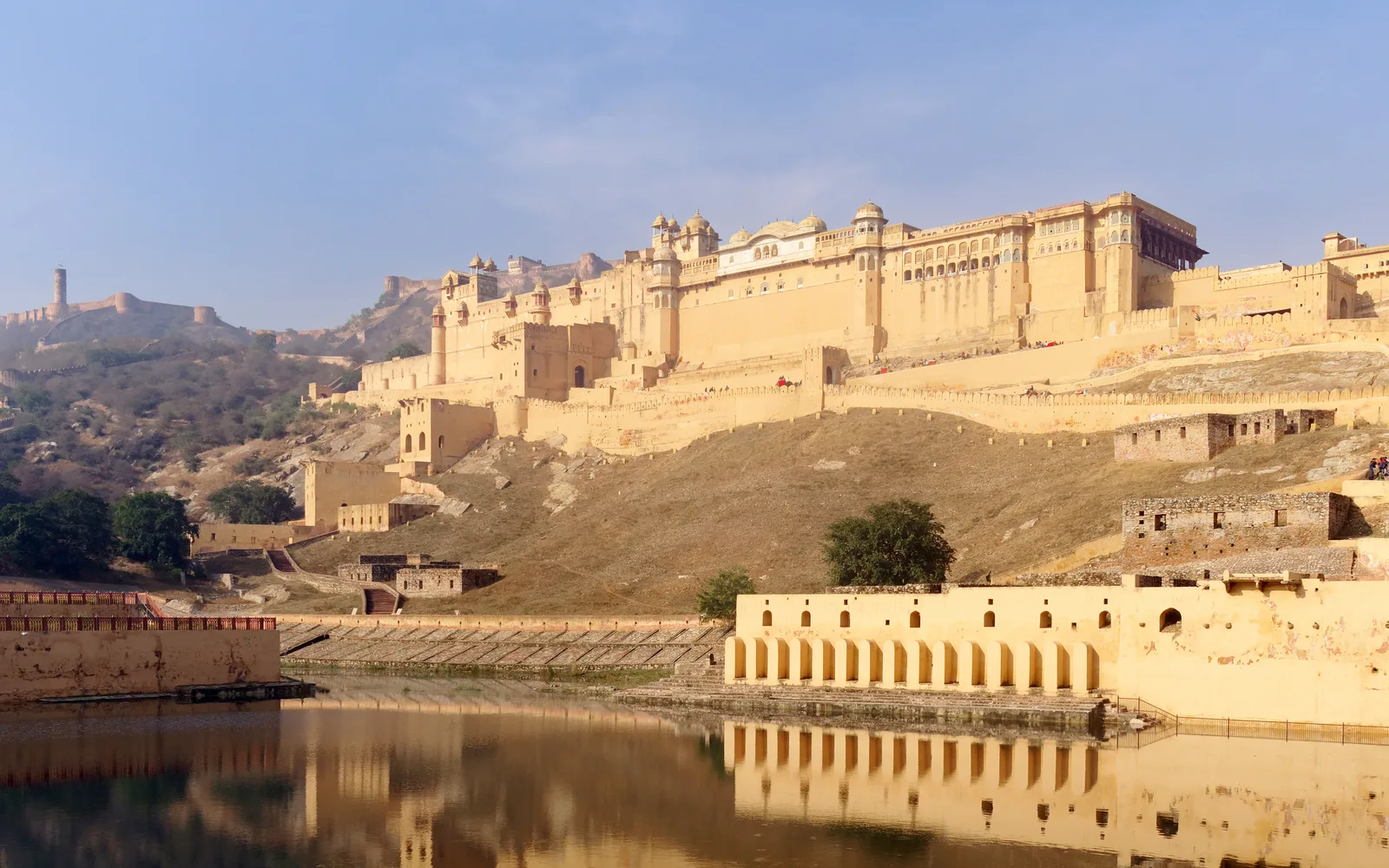 Amber Fort above Maota Lake in golden morning light, Jaipur
