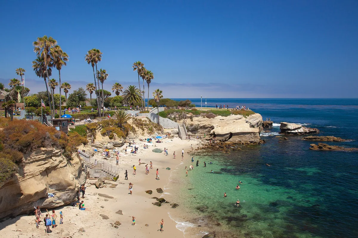 La Jolla Cove on a sunny day, swimmers in clear turquoise water below sandstone cliffs and palms